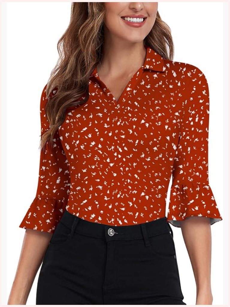 3/4 Sleeve V Neck Ruffle Polo Tunic Blouse Work Golf Top